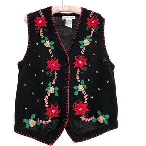 Vintage Victoria Jones Petite Christmas Holiday Beaded Poinsettia Sweater Vest